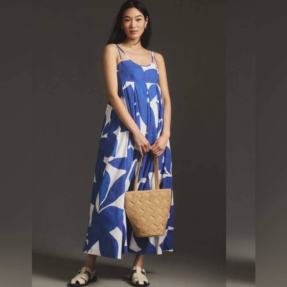 Anthropologie Blue and White Abstract Maxi Dress Size XXS FLAW!